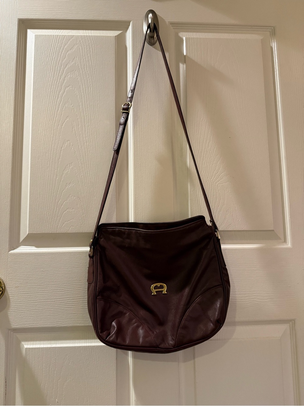 Vintage Etienne Aigner Dark Brown Leather Shoulder Bag with Gold Logo